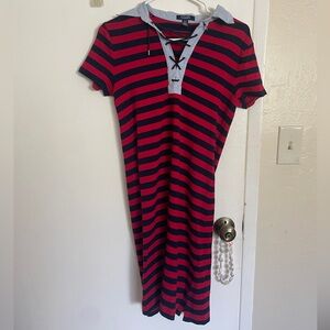 Chaps Red and Black Striped Mini Dress
